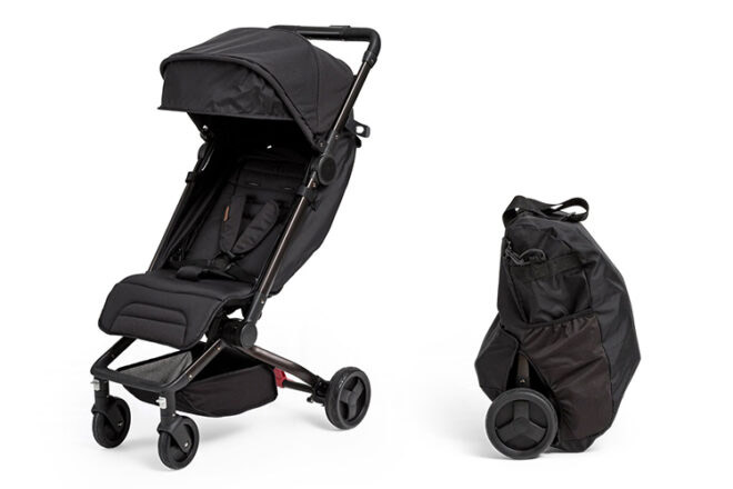 Edwards & Co Otto stroller showing upright open position and folded position