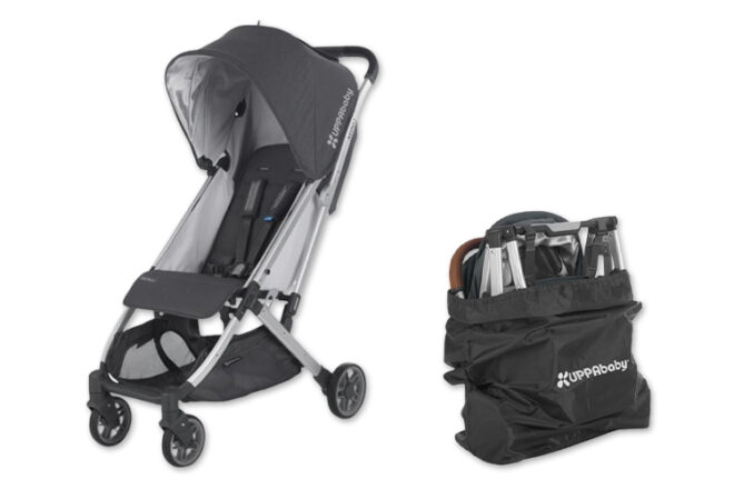 UPPAbaby Minu Travel Stroller showing the pram folded in it's included travel bag and extended with all its features included extendable sunshade.