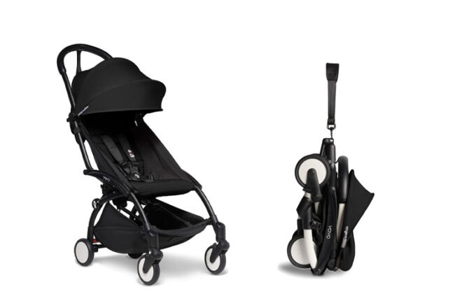 YoYo travel stroller showing upright open position and folded position