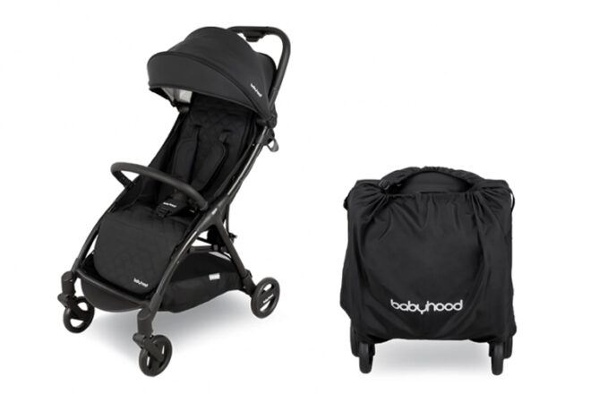 Babyhood Air Compact 2.0 Stroller showing the neat and compact folded stroller next to the extended pram. 