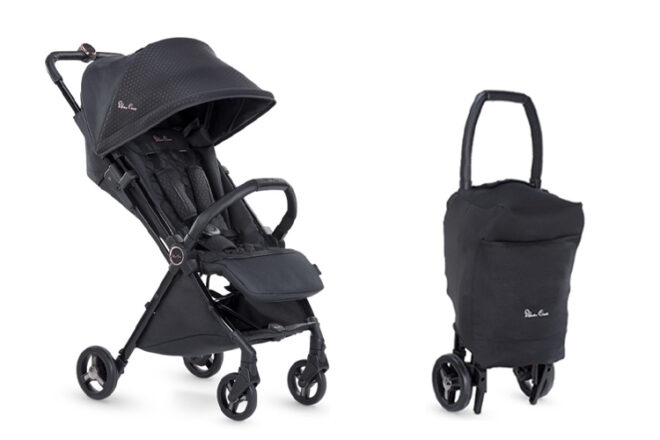 Silver Cross Jet Eclipse Travel Pram showing the handy handle once the pram is folded compared to the size of the extended pram with the hood down