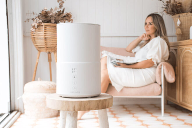 A home setting with content woman in the background, showing a close up of a Lively Living air purifier which is a practical gift idea for new parents.