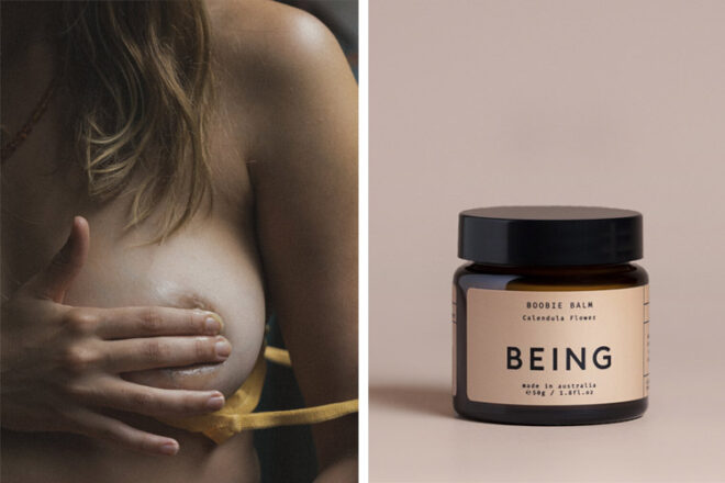 Close up showing woman using the Being Boobie Balm, plus front view of the minimalistic packaging ready for gifting.