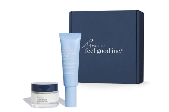 We are Feel Good Inc Face the Day self-care gift for new mums, showing the morning and night creme packaging in front of its gift box.