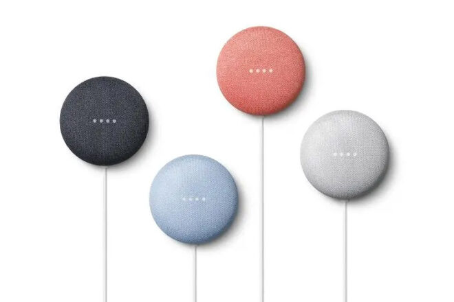 Four Google Nest Minis showing simple design in four different colours, a gift idea for new parents. 