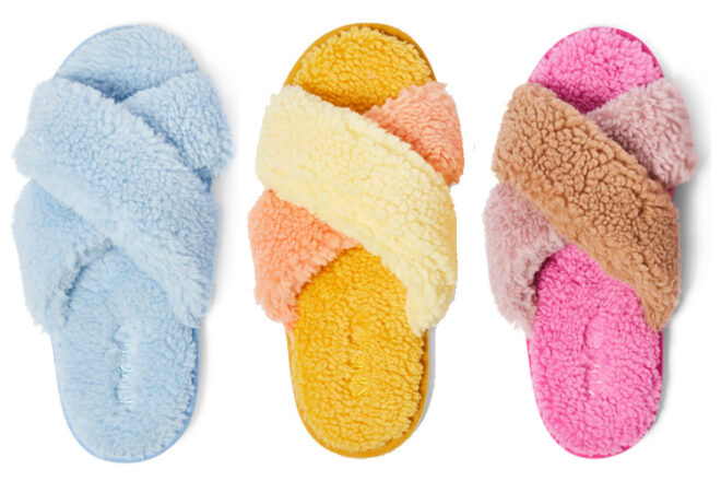 Top view close-ups of Kip & Co Slippers showing fluffy material, cross over design and three bright colourways.
