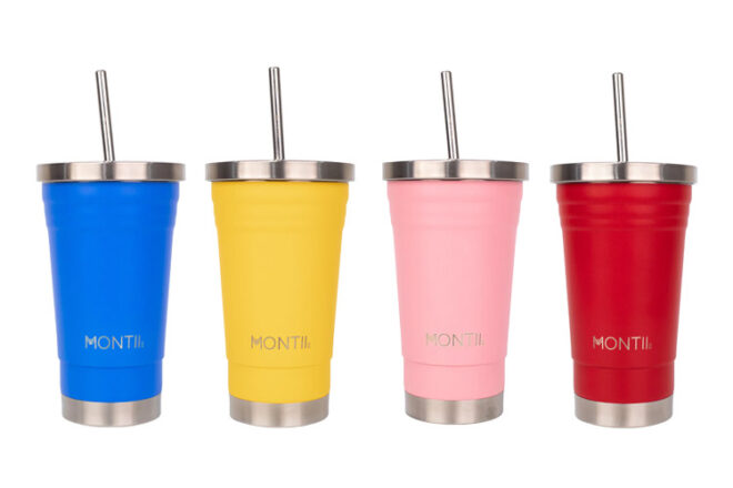 An addition to a new mum survival kit, a line up of Montii Co smoothie cups in showing four bright colours to choose from. 