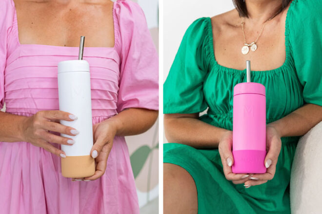 A Woman holding two different sizes and colours of the MontiiCo Smoothie Cup