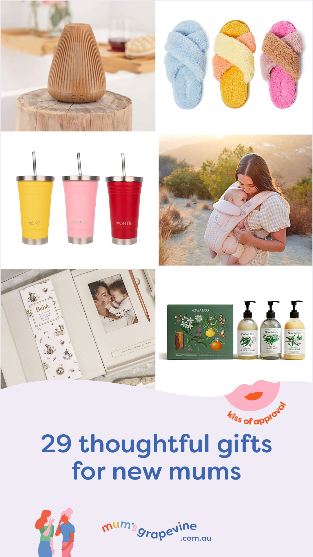 Comparison of six gift ideas for new mothers, showing different categories and styles of presents.