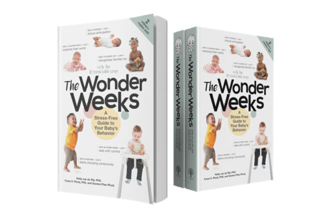 Front and side close-ups showing The Wonder Weeks book cover so text is readable.