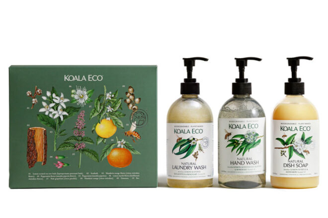 Front view showing the illustrated Koala Eco Home Collection gift box together with the three Koala Eco products that come inside. 