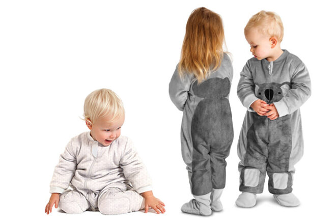 Baby Studio Warmies sleep suits showing front and back views in two different designs for comparison.