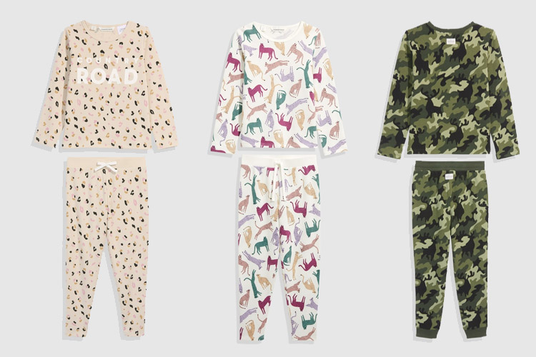 Country Road Organic youth loungewear matching sets, showing three different prints suitable for girls and boys. 