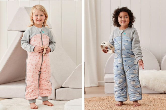 Showing Love to Dream sleep suits in two different prints for comparison, with zipper and padded material in focus.