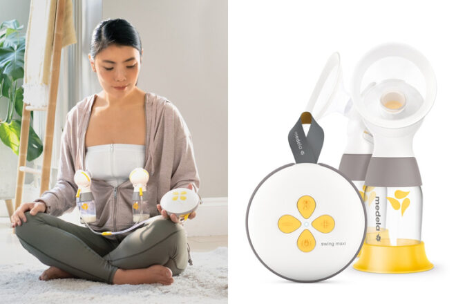 Medela Swing Maxi portable breast pump being used by a mum sitting on the floor cross legged