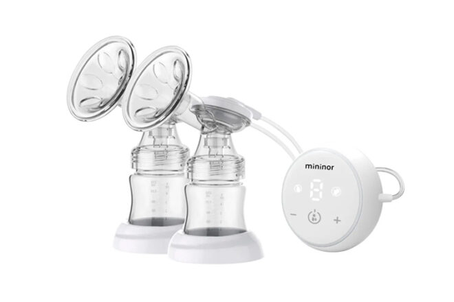 Mininor double breast pump showing the two bottle side view attached to the pump unit by two hoses