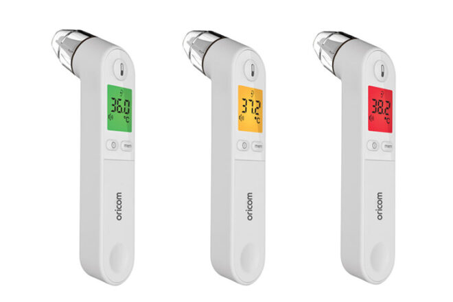 Oricom IET400 Baby Ear Thermometer side view showing the ear piece and three temperature reading colours. 
