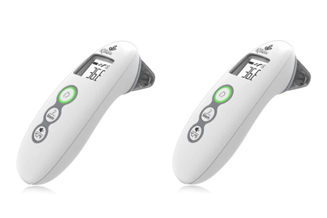 Ritalia Baby Thermometer showing the side view and three easy press buttons and digital display