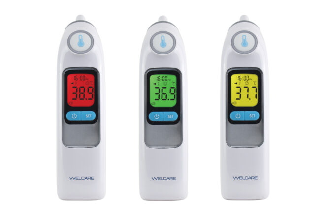 Welcare Ear Thermometer showing three different temperature colours from the front view