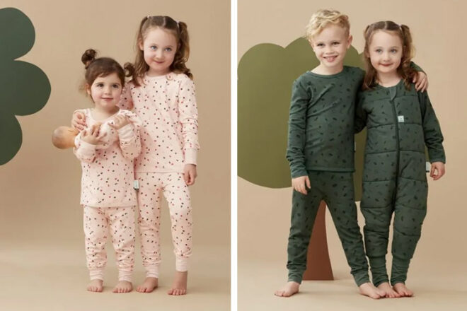ergoPouch pyjamas for kids showing boys and girls of varying ages and stages wearing different styles, in two different prints. 