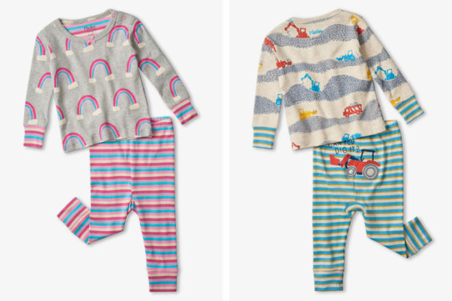 Front and back views of Hatley Kids' organic pyjama sets for kids, showing different prints and designs suited for both girls and boys.