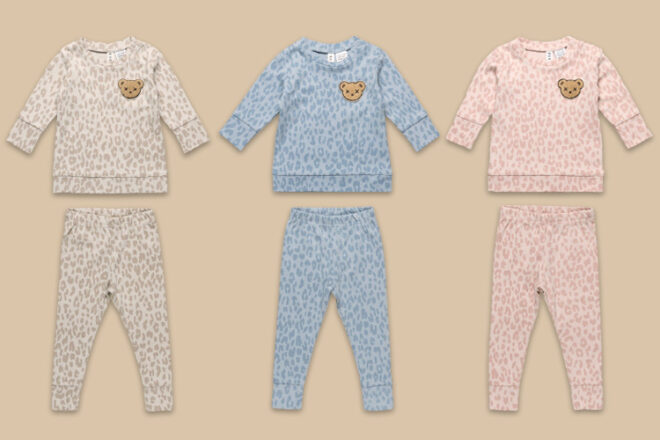 Line up of three Huxbaby children's PJ sets, showing different colourways and bear detail on chest.