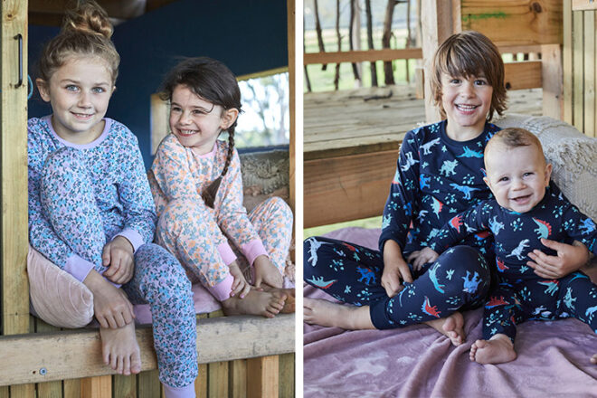 Milky infant sleepwear on girls and boys of different ages (ranging from baby to child) showing three different prints as well as option for 2 piece sets or zip up baby styles.