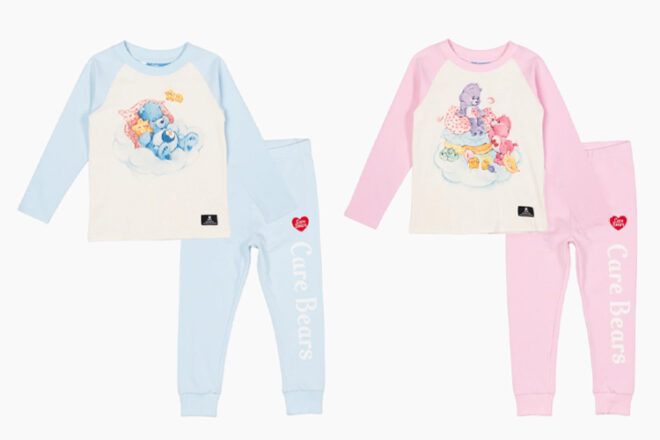 Front view of two Rock Your Baby Care Bear toddler sleepwear sets showing matching top and pants and cute Care Bear prints.