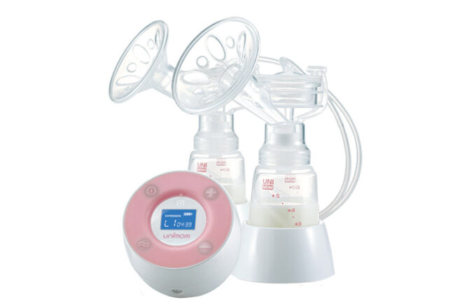 Unimom Minuet Automatic Breast Pump showing the two bottles and flanges and the small pumping unit side on view