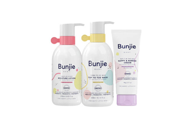 Three Bunjie Baby skin care products on a white background