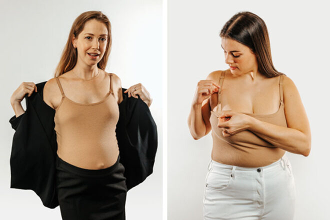 Front views of Embrace Nursing Singlet showing woman wearing the top, as well as woman demonstrating that the front can be unclipped. 