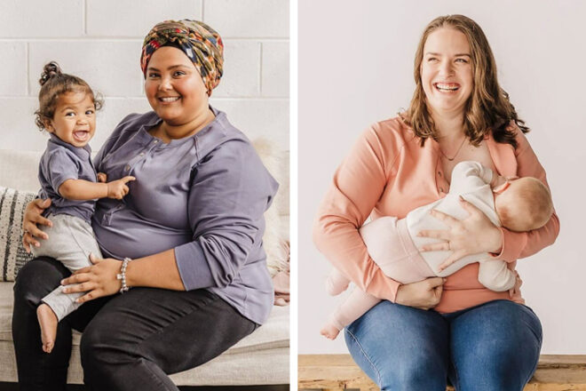 Two smiling women wearing long sleeved For Mae Breastfeeding Tops, one is breastfeeding her baby with the top unbuttoned, while the other is wearing the top with buttons done up.