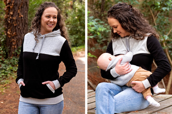 Mama Clothing Feeding Hoodie showing a woman out and about wearing the top, in comparison to her sitting and breastfeeding whilst wearing it.