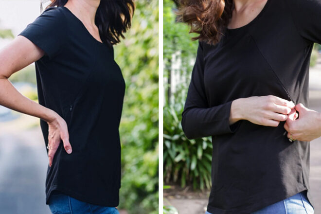 Side views of black Mumma Bear nursing t-shirt showing discreet, hidden zips for breastfeeding access.