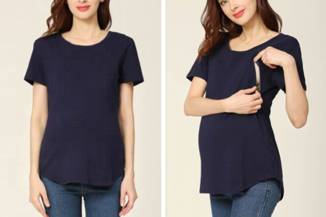 Woman wearing Palomino Maternity Breastfeeding Top showing front view as a normal shirt, as well as side angle showing hidden feeding access.