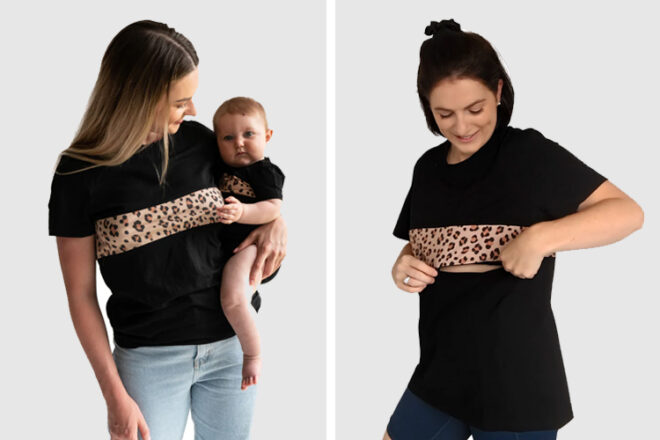 A woman holding her baby and wearing a Mylk Society Nursing Shirt, in comparison to a woman showing her unzipping top for breastfeeding access.