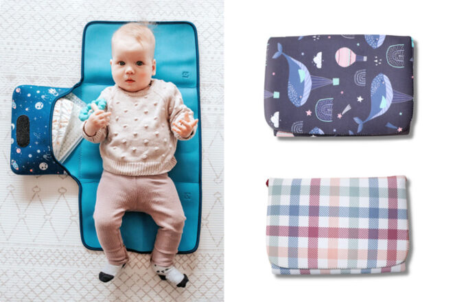  Top-view of a baby lying on an open Jellystone Designs Baby Change Wallet showing size comparison and storage pocket, as well as three different prints.