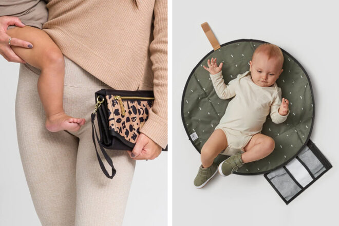 Close up of woman holding a Pretty Brave Roundabout Baby Diaper Wallet showing portability with one hand, as well as top-view size comparison of baby to the mat.