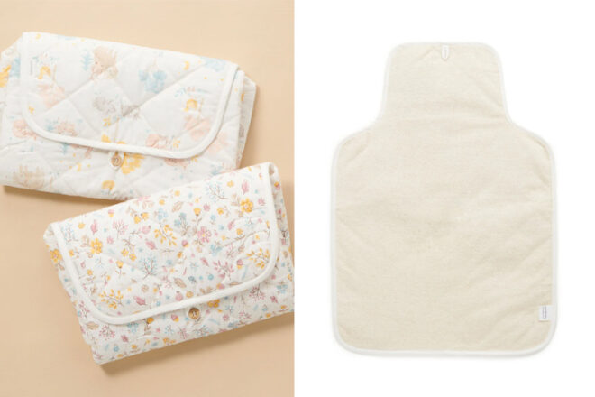 Front view of closed Purebaby Portable Changing Mats showing quilted detail and two different prints, as well as top-view of an open mat.