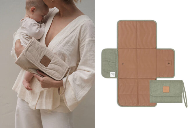 Mother holding a baby and a closed Muse Edition Changing Pad, showing close up of quilted linen fabric as well as top view showing storage pocket and leather lining, in two colours.