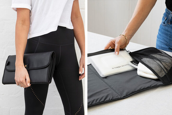 Woman in activewear holding a closed Nappy Society Luxe Baby Change Mat with one hand, in comparison to nappy wallet open with accessories stored inside.
