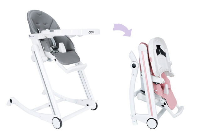 Baccani Cibo portable baby chair on wheels showing the side view of the chair extended with the tray top attached compared to the compactness of the chair folded for easy storage. 