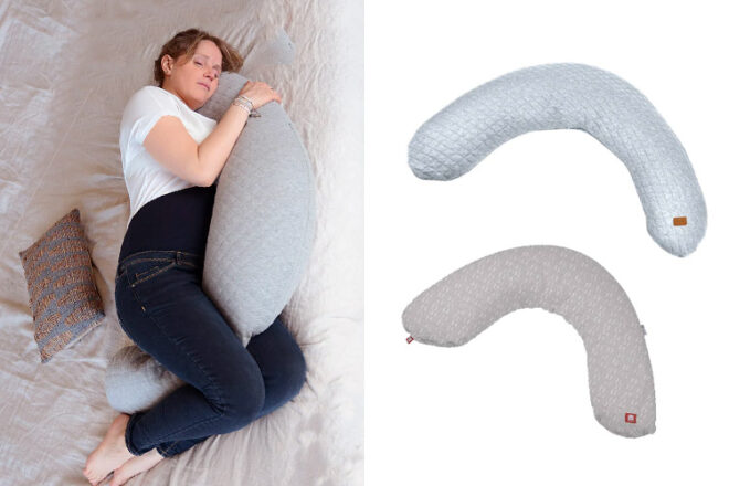 Big Flopsy pregnancy pillow showing two colourways and a pregnant mother with the pillow between her legs and her head resting on the other end in a moon shape. 