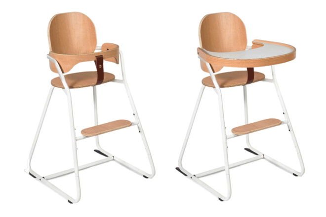 Charlie Crane Tibu Chair showing the side view of the chair with the optional tray top attachment installed compared to just the chair. 
