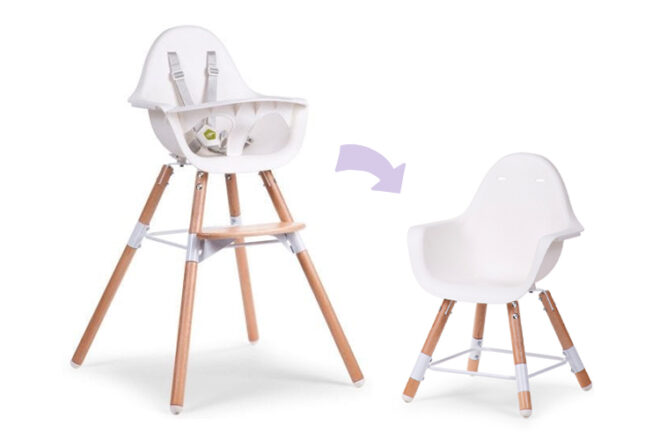 Childhome Evolu 2 infant chair showing both height options. One with the legs extended to be used for setting at a dining table and the other showing how the shorter legs make the chair suitable to be use as a toddlers desk chair.