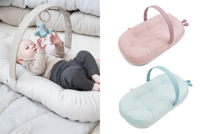 Done by Deer cozy baby lounger showing a baby playing with the included activity arch in three colours, latte, dusty pink and blue. 