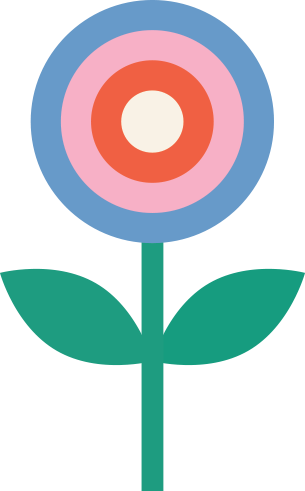 Illustration of a bullseye flower with blue, pink and red from side angle