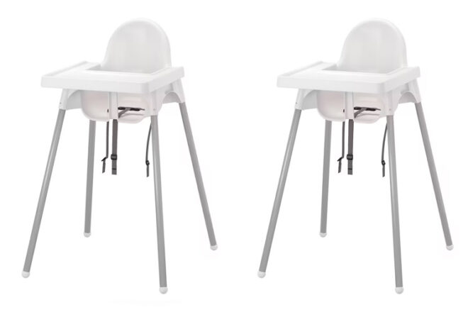 IKEA ANTILOP high chair showing the simplicity of the design from the front view and the attachment for the safety harness position. 