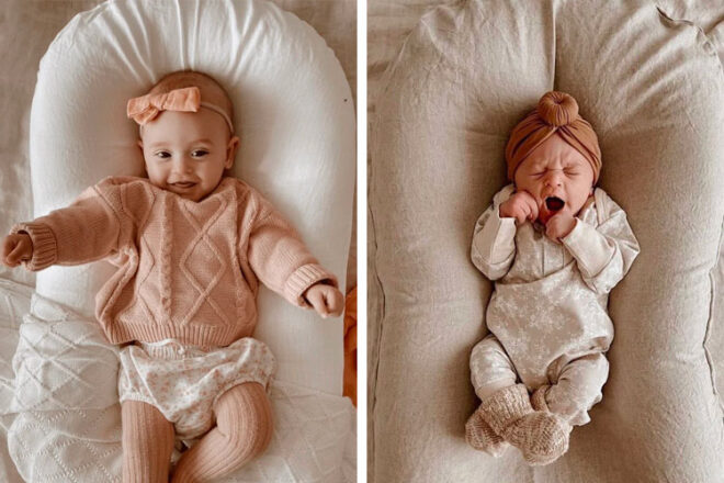 Linen Social baby lounger showing how an older baby compared to anew born fit inside the baby nest. 