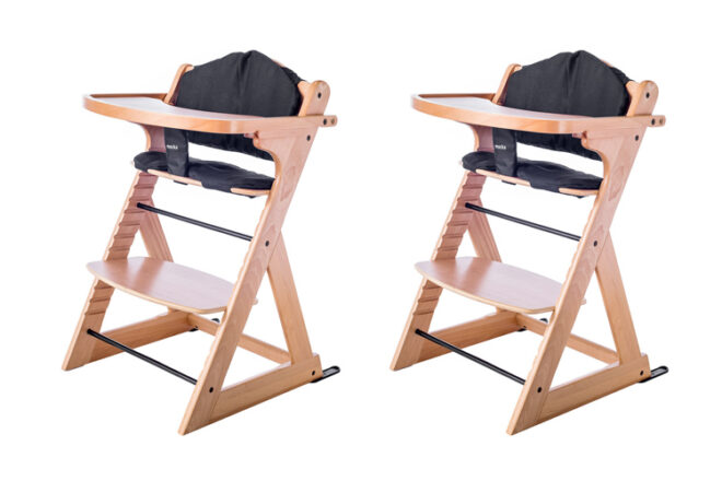 Mocka wooden infant chair with padded insert showing the side view of how the footrest and chair can be adjusted to different heights. 